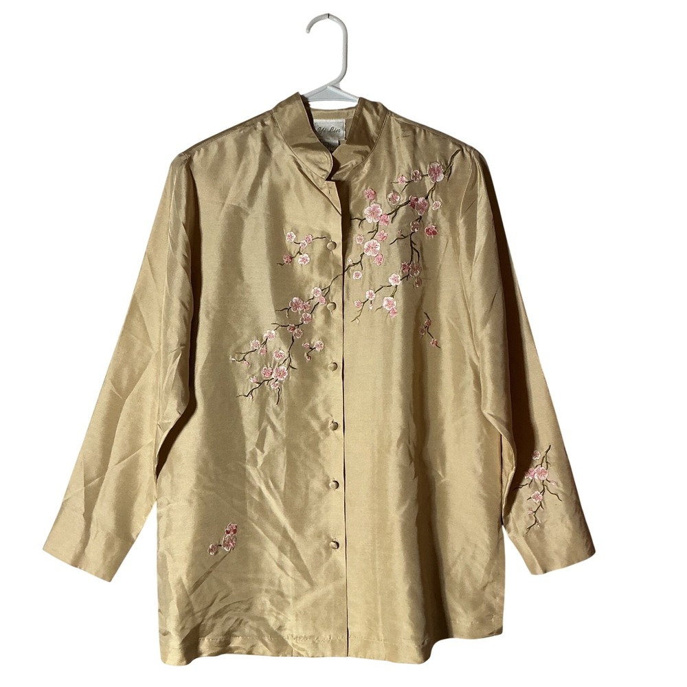Yi Lin Womens 100% Silk Embroidered Cherry Blossom Mandarin Blouse Gold Medium